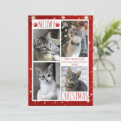 Funny Cat 4 Photo Collage MEOWY CHRISTMAS Red Feestdagenkaart (Staand voorkant)