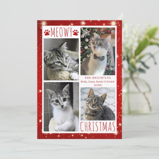 Funny Cat 4 Photo Collage MEOWY CHRISTMAS Red Feestdagenkaart (Staand voorkant)