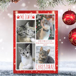 Funny Cat 4 Photo Collage MEOWY CHRISTMAS Red Feestdagenkaart<br><div class="desc">Een grappige kattefotovakantiekaart met 4 afbeeldingen met de groet MEOWY CHRISTMAS (of uw aangepaste groet) in een moderne, met het schrift geschreven typografie die is voorzien van kattenpootafdrukken tegen een witte en rode achtergrond met lichten en sterren. BIJSTAND: Voor hulp bij ontwerpwijziging of personalisatie, kleurverandering, het formaat wijzigen, het ontwerp...</div>