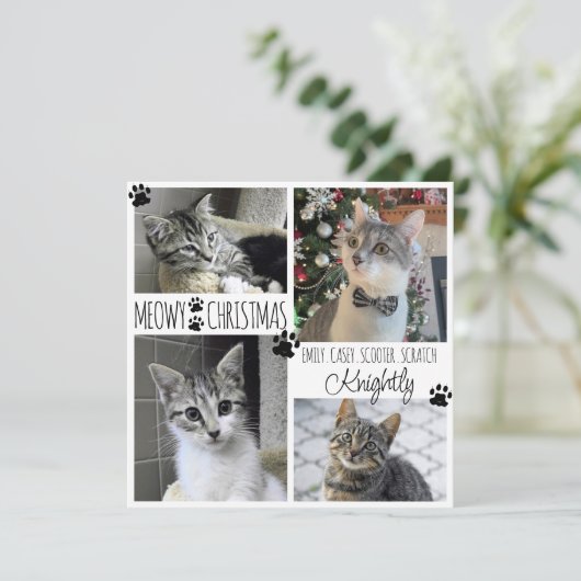 Funny Cat 4 Photo Paw Prins MEOWY CHRISTMAS Kaart (Staand voorkant)