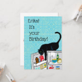 Funny Cat 9 Lives Personalized Birthday Kaart (Voorkant / Achterkant in situ)