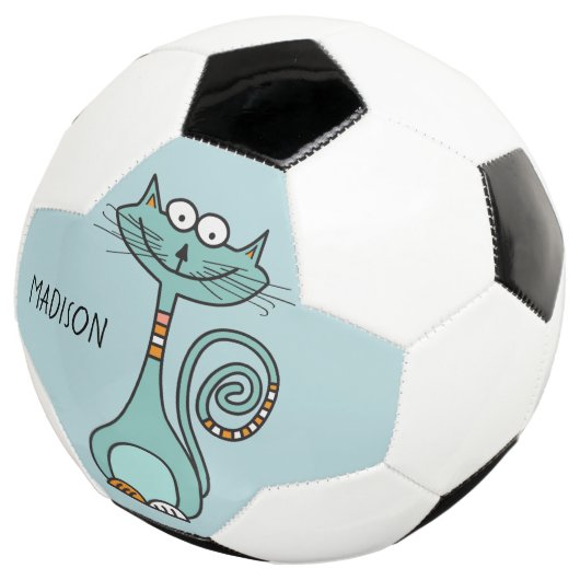 Funny Cat, aangepaste naam en voetbal in kleur (Drie kwart)