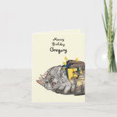 Funny Cat Action Cartoon Vernietigt Gift Verjaarda Kaart (Voorkant)