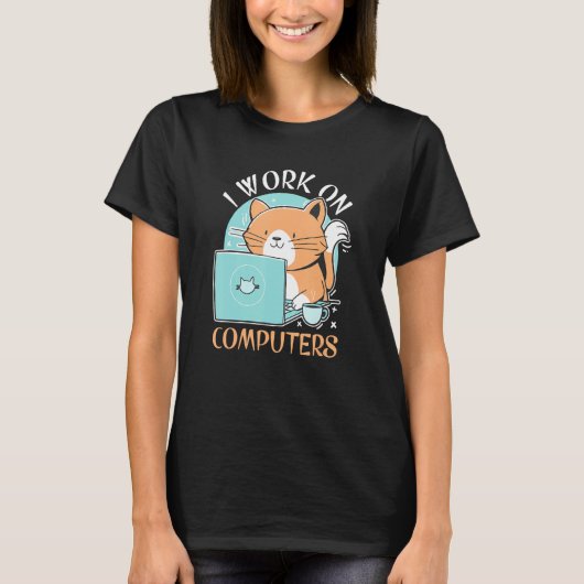 Funny Cat and Computer Laptop Pet laat me werken T-shirt (Voorkant)