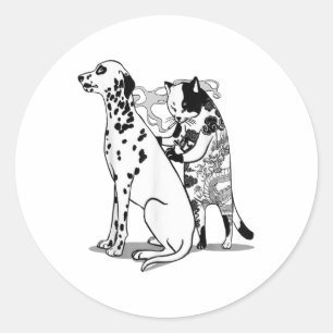 Funny Cat and Dog Shirt Tattoo Kunstenaar Kat Teke Ronde Sticker