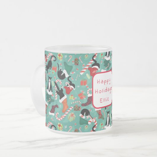 Funny Cat and Kerstmis Stocking Matglas Koffiemok (Voorkant links)