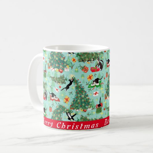 Funny Cat and Kersttree Custom Coffee Mok (Voorkant links)