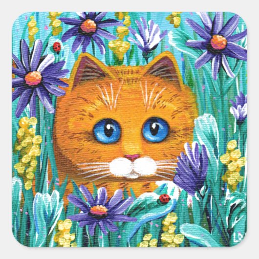 Funny Cat Art Oranje Tabby Flowers Creationarts Vierkante Sticker (Voorkant)