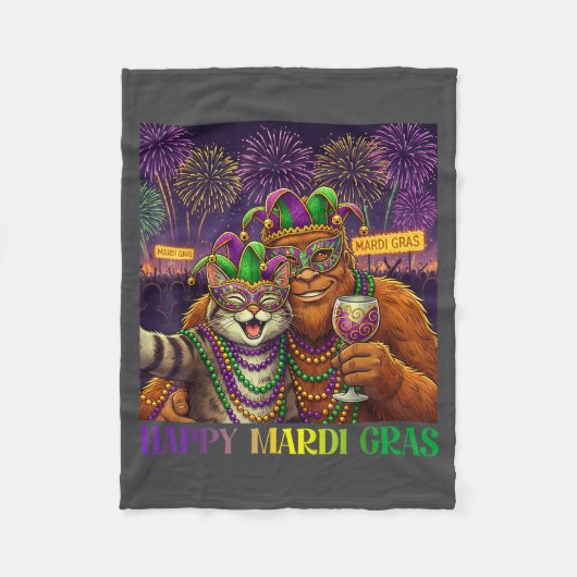 Funny Cat Bigfoot Selfie Mardi Gras Carnival Party Fleece Deken (Voorkant)