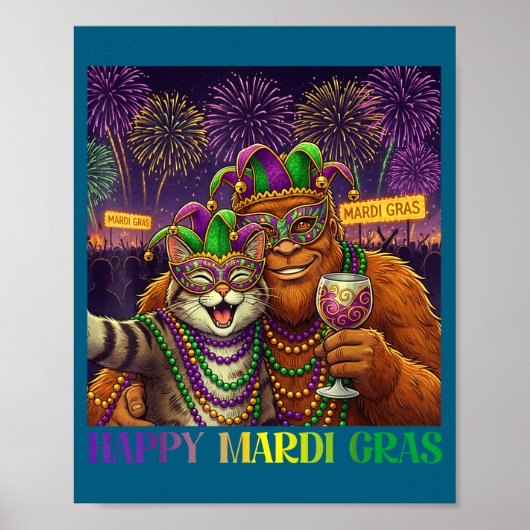 Funny Cat Bigfoot Selfie Mardi Gras Carnival Party Poster (Voorkant)