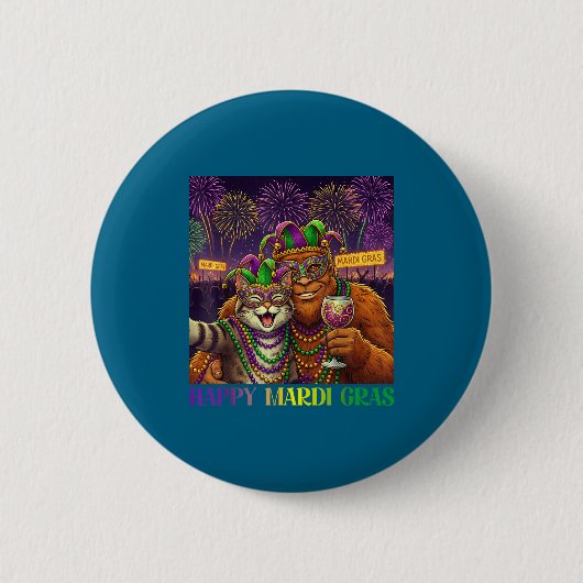 Funny Cat Bigfoot Selfie Mardi Gras Carnival Party Ronde Button 5,7 Cm (Voorkant)