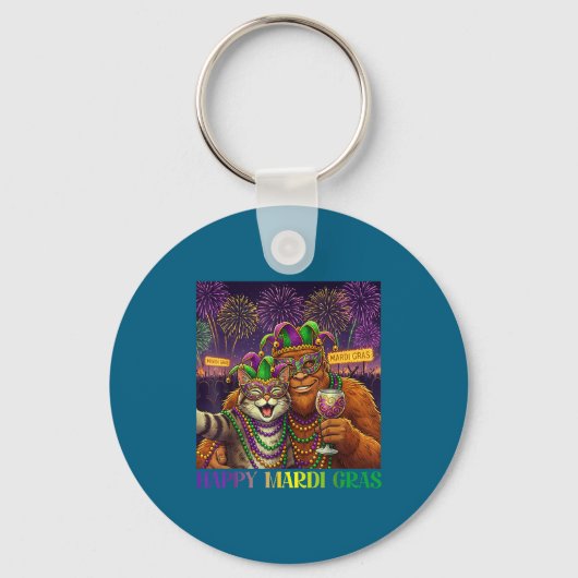 Funny Cat Bigfoot Selfie Mardi Gras Carnival Party Sleutelhanger (Voorkant)