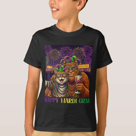 Funny Cat Bigfoot Selfie Mardi Gras Carnival Party T-shirt (Voorkant)