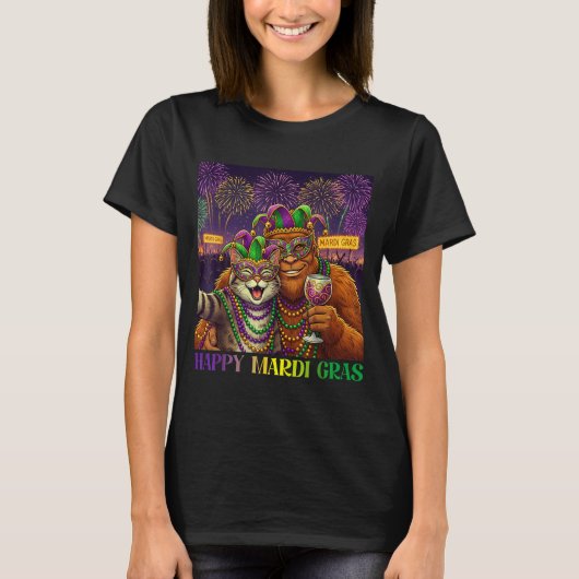 Funny Cat Bigfoot Selfie Mardi Gras Carnival Party T-shirt (Voorkant)