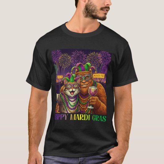 Funny Cat Bigfoot Selfie Mardi Gras Carnival Party T-shirt (Voorkant)
