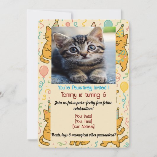Funny Cat Birthday Invitation Kaart – Aangepaste f (Voorkant)