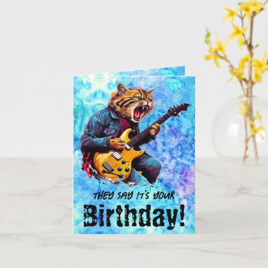 Funny Cat Birthday Rock Gevouwen Wenskaart Kaart (Gele Bloem)