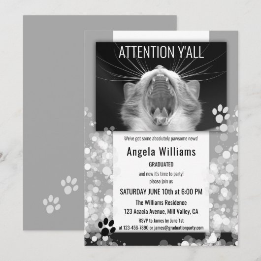 Funny Cat Black and White Graduparty Kaart (Voorkant / Achterkant)