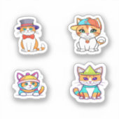 Funny Cat Cartoon Art 4 Pack Stickers (Voorkant)
