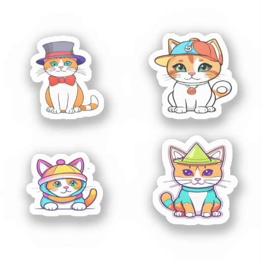 Funny Cat Cartoon Art 4 Pack Stickers (Voorkant)
