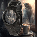 Funny Cat Caturday Coffee Horloge<br><div class="desc">Artistisch horloge met een schilderij van een gruwelijke kat met een koffie. Voeg je eigen grappige of andere teksten toe.</div>