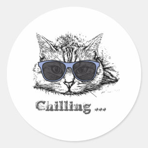 Funny Cat Chilling with Cute Sunbril Ronde Sticker