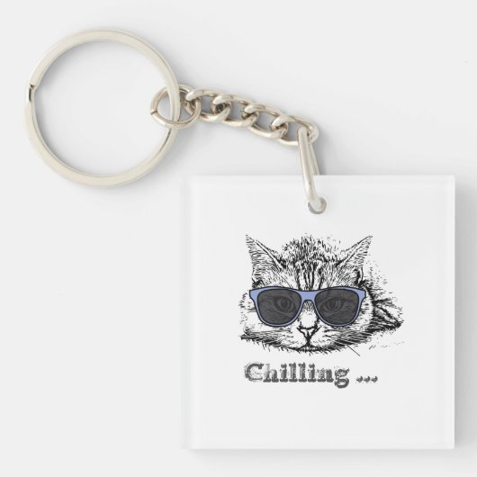 Funny Cat Chilling with Cute Sunbril Sleutelhanger (voorkant)