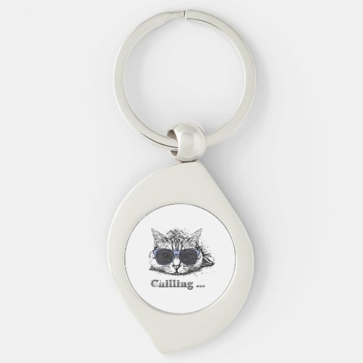 Funny Cat Chilling with Cute Sunbril Sleutelhanger (Voorkant)