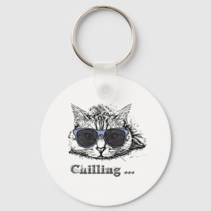 Funny Cat Chilling with Cute Sunbril Sleutelhanger
