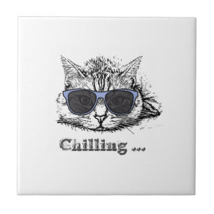 Funny Cat Chilling with Cute Sunbril Tegeltje
