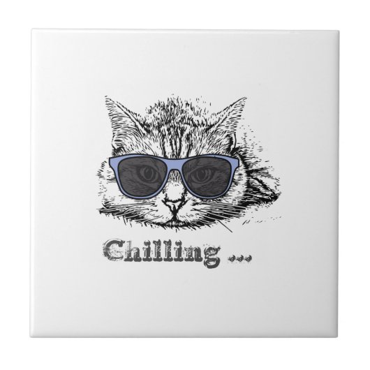 Funny Cat Chilling with Cute Sunbril Tegeltje (Voorkant)