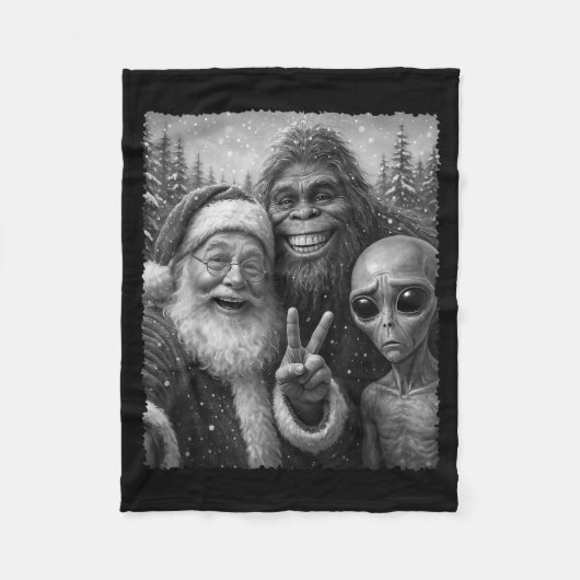 Funny Cat Christmas Bigfoot Alien Santa Snow Selfi Fleece Deken (Voorkant)