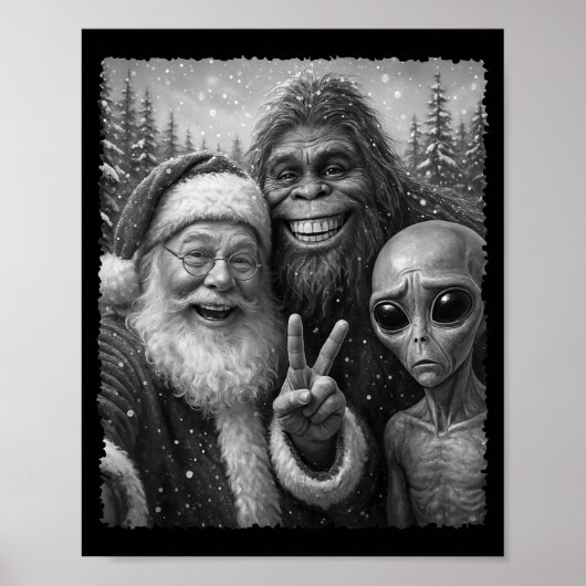 Funny Cat Christmas Bigfoot Alien Santa Snow Selfi Poster (Voorkant)