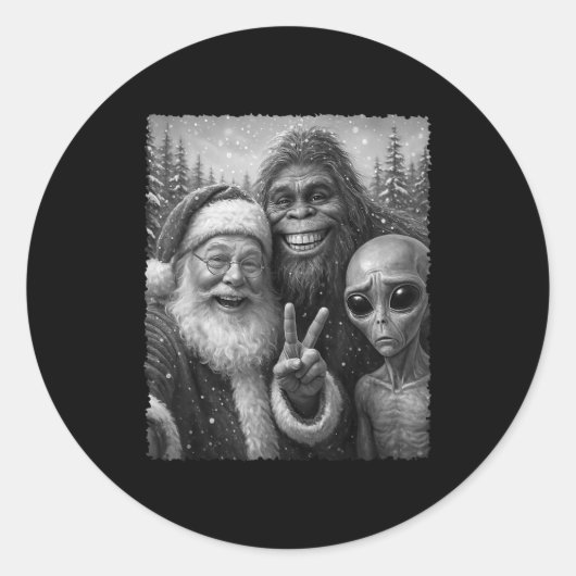 Funny Cat Christmas Bigfoot Alien Santa Snow Selfi Ronde Sticker (Voorkant)