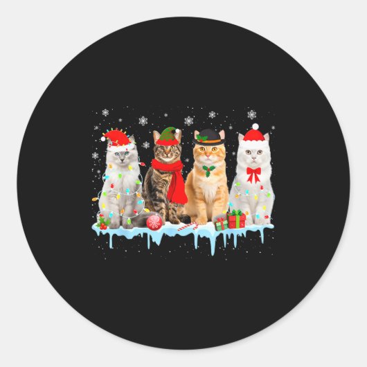 Funny Cat Christmas Lights Reindeer Santa Xmas Kit Ronde Sticker (Voorkant)