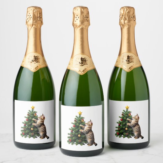Funny Cat Christmas Tree Xmas Gifts Men Women Kids Sparkling Wijnetiket (Flessen)