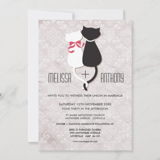  Funny Cat Couple Damask Wedding Invite Kaart (Voorkant)