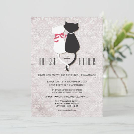  Funny Cat Couple Damask Wedding Invite Kaart (Staand voorkant)