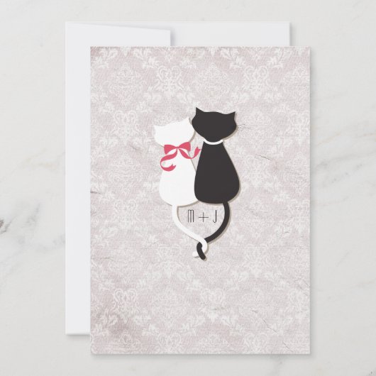 Funny Cat Couple Damask Wedding Invite Kaart (Achterkant)