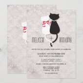  Funny Cat Couple Damask Wedding Invite Kaart (Voorkant / Achterkant)