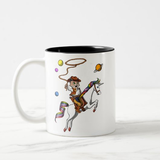 Funny Cat Cowboy Riding Unicorn Buitenruimte Tweekleurige Koffiemok (Links)