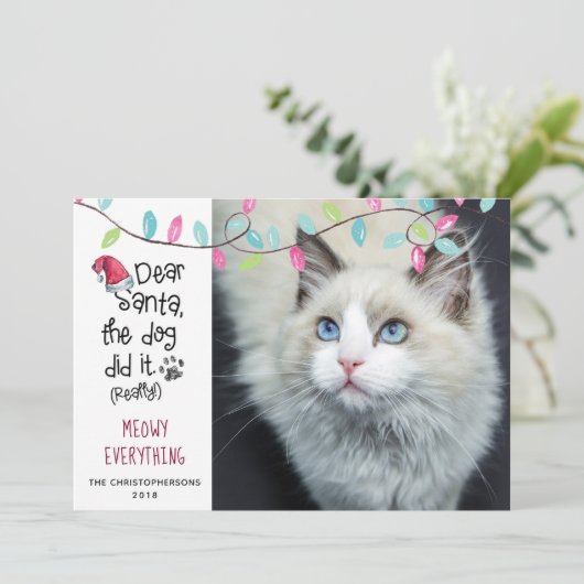 Funny Cat DEAR SANTA Lights Feestdagenkaart (Staand voorkant)