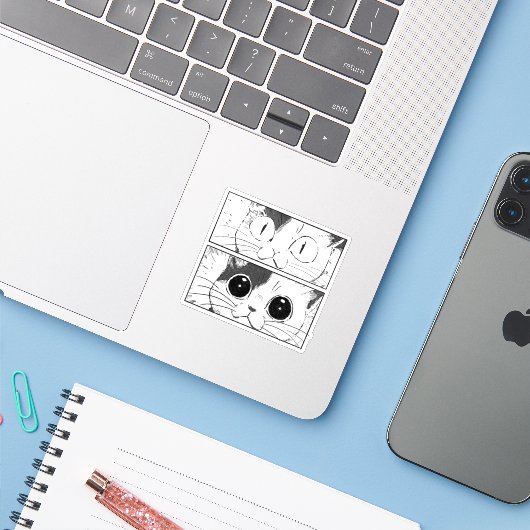 Funny Cat Design Sticker (Laptop met iPhone)