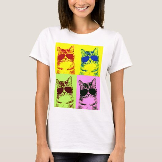 Funny Cat Dragen Zonnebril Veelkleurige Pop Art T-shirt (Voorkant)