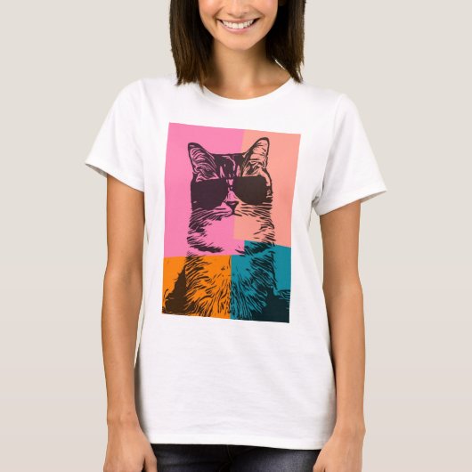 Funny Cat Dragen Zonnebril Veelkleurige Pop Art T-shirt (Voorkant)