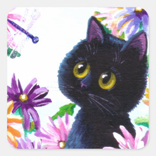 Funny Cat Dragonfly Daisies Creationarts Vierkante Sticker