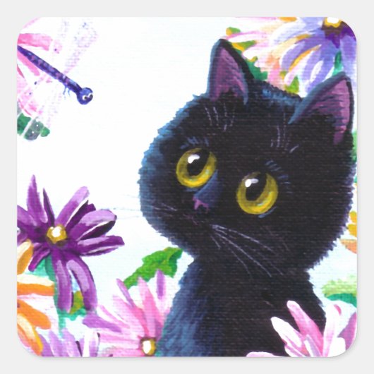 Funny Cat Dragonfly Daisies Creationarts Vierkante Sticker (Voorkant)