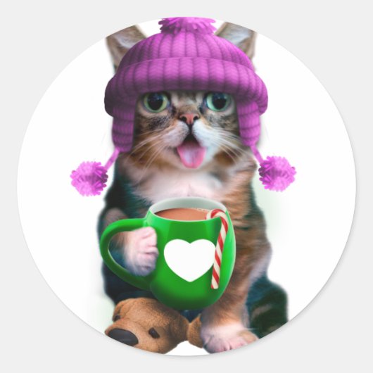 Funny cat drink koffie ronde sticker (Voorkant)