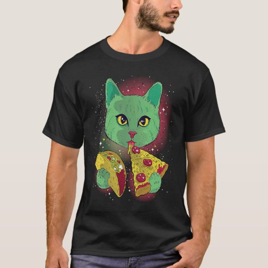 Funny Cat Eating Tacos and Pizza in Outer Space T  T-shirt (Voorkant)
