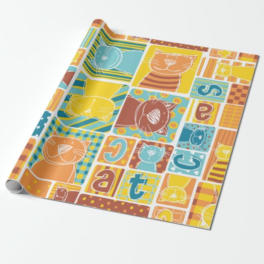 Funny cat fabric patchwork wallpaper, abstract naa cadeaupapier (Uitgerold)